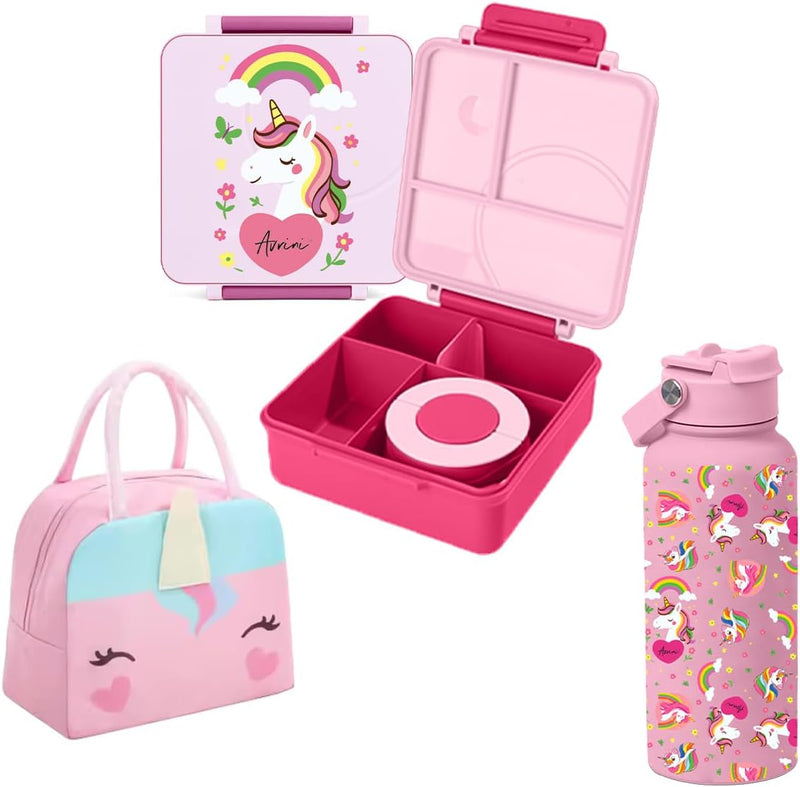 Stainless Steel Lunch Box for Kids School,Insulated Bento Lunch Box with Tableware & Bag,3 Compartment Divided Lunch Containers with Lids, 720ml (Green) - Pink