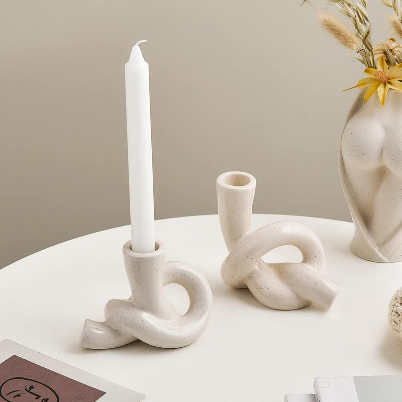DERANQIIUA Christmas Candle Holder, 2 Pcs Pretty Ceramic Candle Holder, Modern Abstract Art Candlestick Holder Set, Table Centerpiece Taper Candle Holders Decorations Home Decor (White)