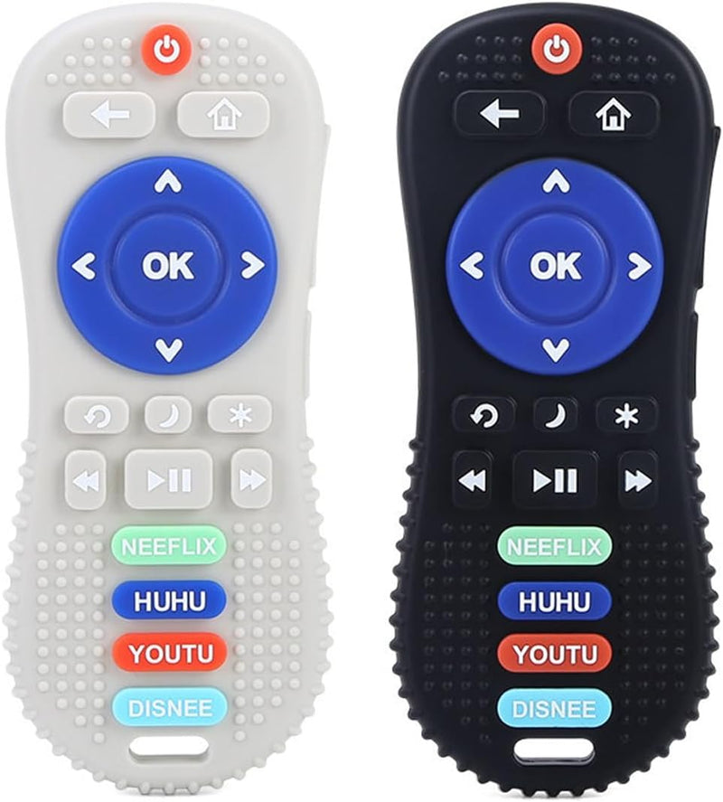 ECVV 2 Pack Remote Control Baby Teething Toys Silicone Baby Relief Teether BPA Free Remote Teether Chew Toys for Toddlers Infant (Black & Gray)