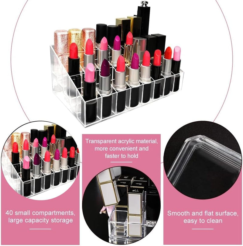 AMERTEER Lipstick Holder, 40 Spaces Clear Acrylic Lipstick Organizer Display Stand Cosmetic Makeup Organizer for Lipstick, Brushes, Bottles, and More