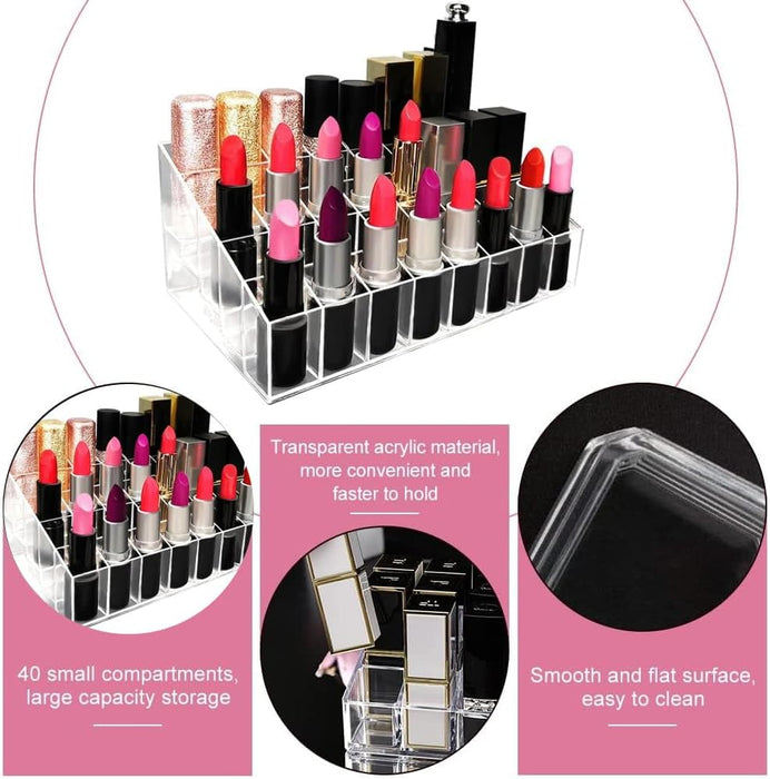 AMERTEER Lipstick Holder, 40 Spaces Clear Acrylic Lipstick Organizer Display Stand Cosmetic Makeup Organizer for Lipstick, Brushes, Bottles, and More