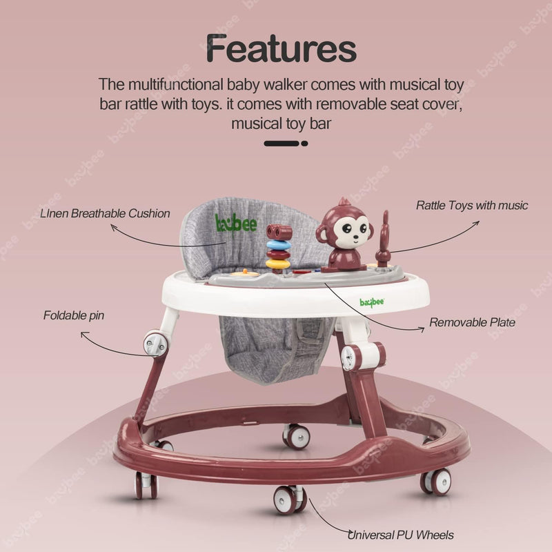 Baybee Drono Baby Walker for Kids, Round Kids Walker with 4 Seat Height Adjustable | Activity Walker for Baby with with Food Tray & Musical Bar | Walkers for Baby Boys Girls (Blue)