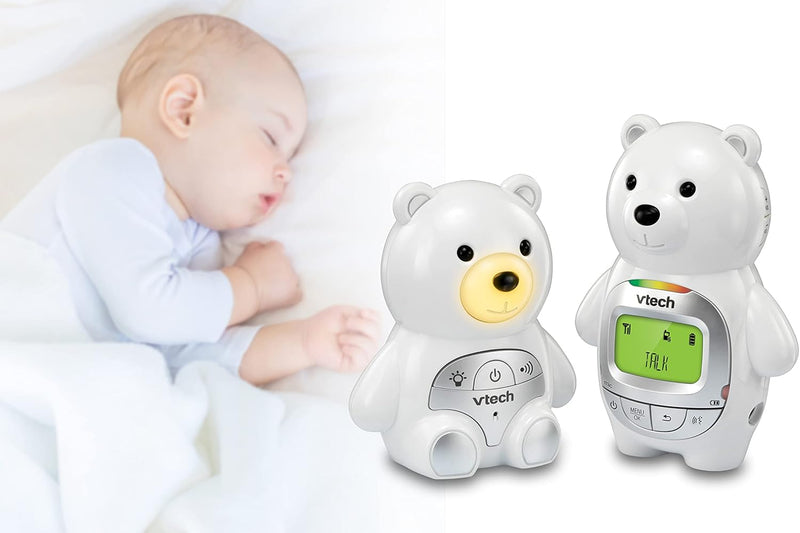 VTech Baby Bear Digital Audio Monitor with up to 1,000 ft of Range Vibrating Sound Alert Talk Back Intercom Temperature Indicator Night Light Loop & Parent Unit, White