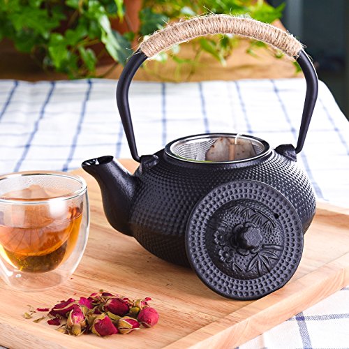 SUSTEAS Japanese Tetsubin Tea Kettle Cast Iron Teapot with Stainless Steel Infuser Black 650ml
