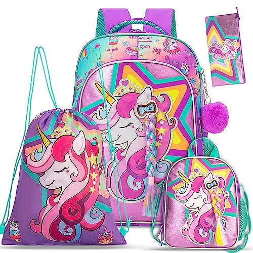 Eazy Kids - 18" Set of 4 School Bag Lunch Bag Activity Bag & Pencil Case Unicorn-Pink