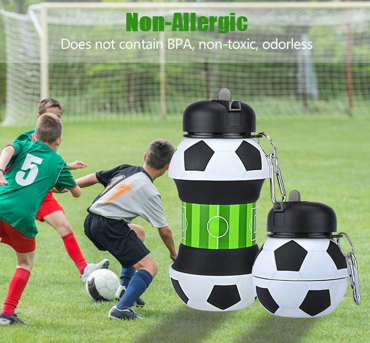 FOLDABLE BOTTLE Football Water For Sports, School, Travel, bicycle, Birthday Gifts, Shockproof, Silicone Collapsible Drink cup with Carabiner Clip Leak-Proof BPA Free (550ml-18.5oz)
