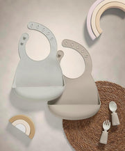 Mamas & Papas 2-Pack Waterproof Silicone Baby Bibs, Adjustable BPA-Free Feeding Bibs with Large Pocket for Food Catching, Ideal for Weaning for 6-18 Months - Neutral Speckle