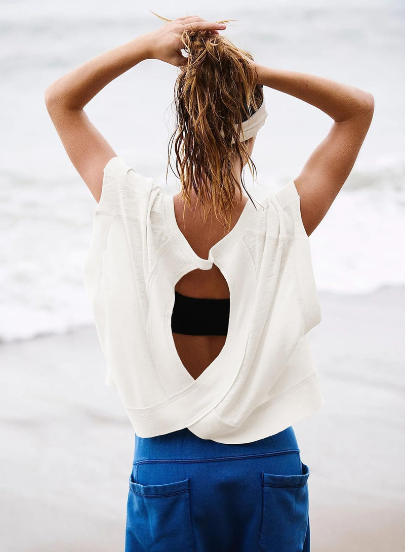 Sthxyfaith Women Short Sleeve Workout Shirts Open Back Tops Casual Yoga Athletic Gym Slouchy Crop Running Tees