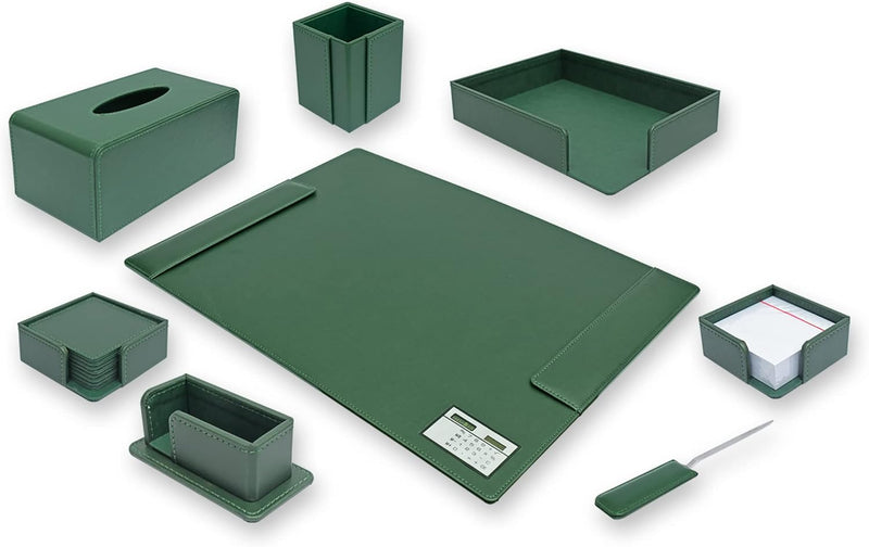 FIS Executive Desk Set with Italian PU Materials, Set of 8 Pieces Desk Organizer, Green Color, Pack in Gift Box-FSDSEX201GR