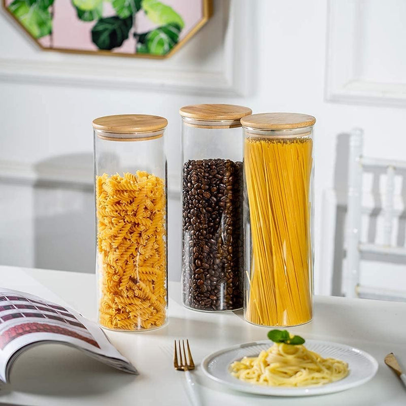 Airtight Glass Storage Canister with Bamboo Lid, Clear Food Storage Container Kitchen Pantry Storage Glass Canisters Jar Set for Flour Cereal Sugar Tea Coffee Beans Snacks Nuts Candy (3 Pack, 2400ml)