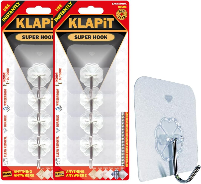 KLAPiT Super Hook Heavy Duty Adhesive, Holds 11 Pounds or 5Kg Weight, Waterproof and Damage Free for Wall, Tile, Wood, Stone, Glass, Metal, Made of Steel (Clear, 4 pc) - 8 pc Clear