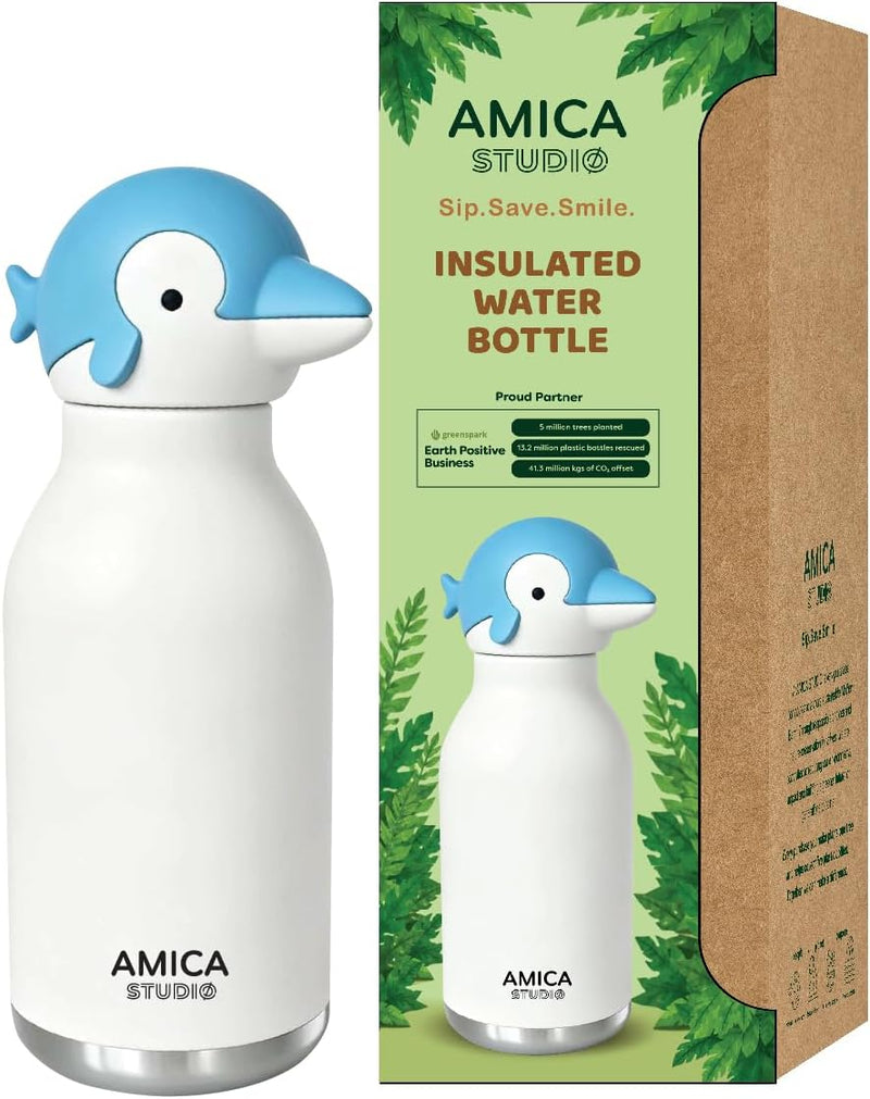Kids Water Bottle 460ml Insulated Stainless Steel - AMICA STUDIO (Dinky Dolphin)