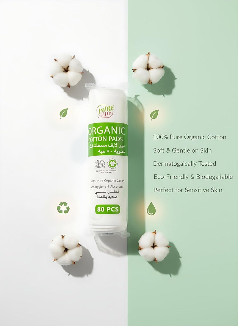 PureLife Organic Cotton Pads 80pcs Soft Reusable Rounds for Face Makeup Removal, Skincare, Cleansing Gentle, Eco-Friendly, Biodegradable Cotton Pads