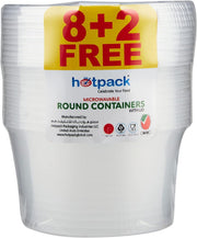 Hotpack Disposable Lunch Box, Food Storage, Microwavable Round Container 450ml with Lid, 8+2 Free, White