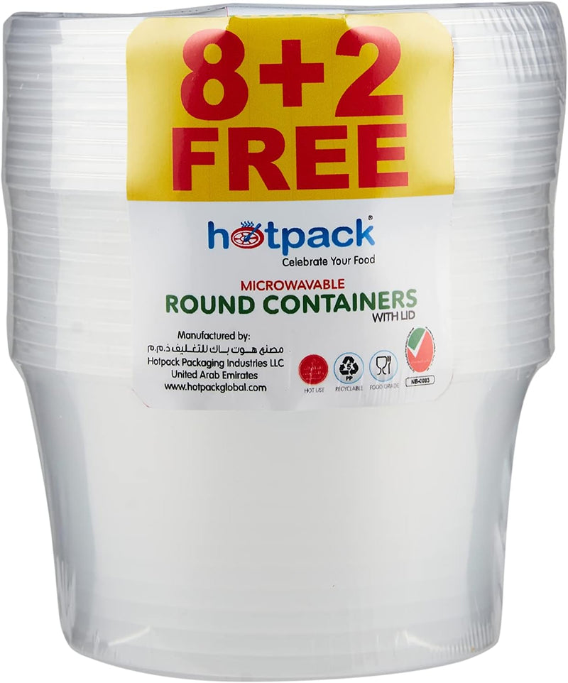 Hotpack Disposable Lunch Box, Food Storage, Microwavable Round Container 450ml with Lid, 8+2 Free, White