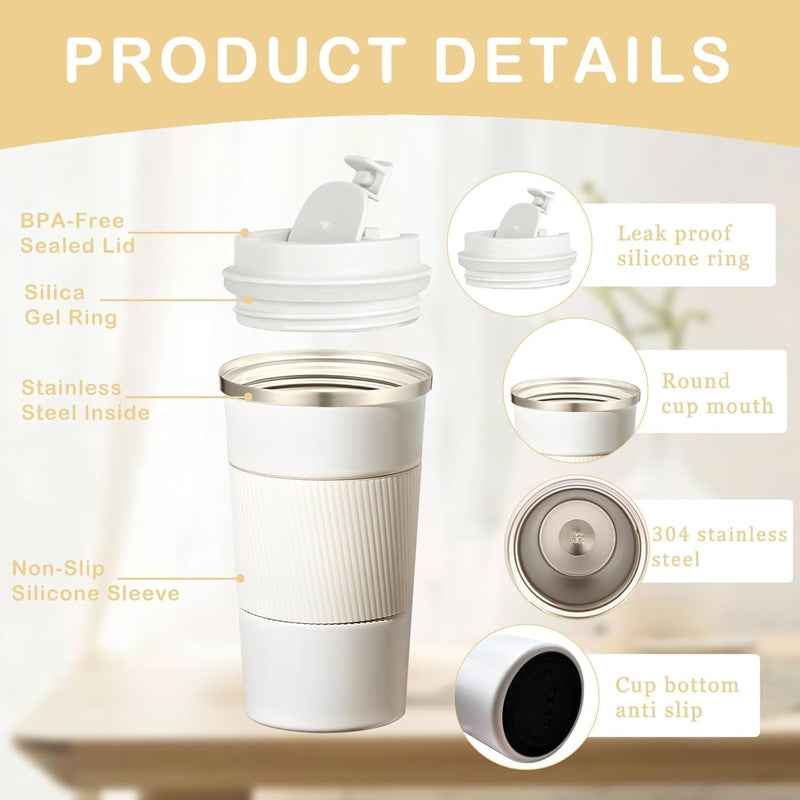 BuyOn Travel Coffee Tumbler Stainless Steel Double Wall Vacuum Hot and Iced Coffee Cup Hydro Flask Drinks Insulated Mug with Leakproof Lid for Home Office Gym Outdoor Work (WHITE, 380ML)