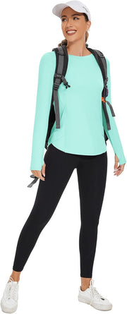 Rapbin Women's UPF 50+ Sun Protection T-Shirts Long Sleeve Boat Neck Workout Lightweight Quick Dry Top with Thumb Hole