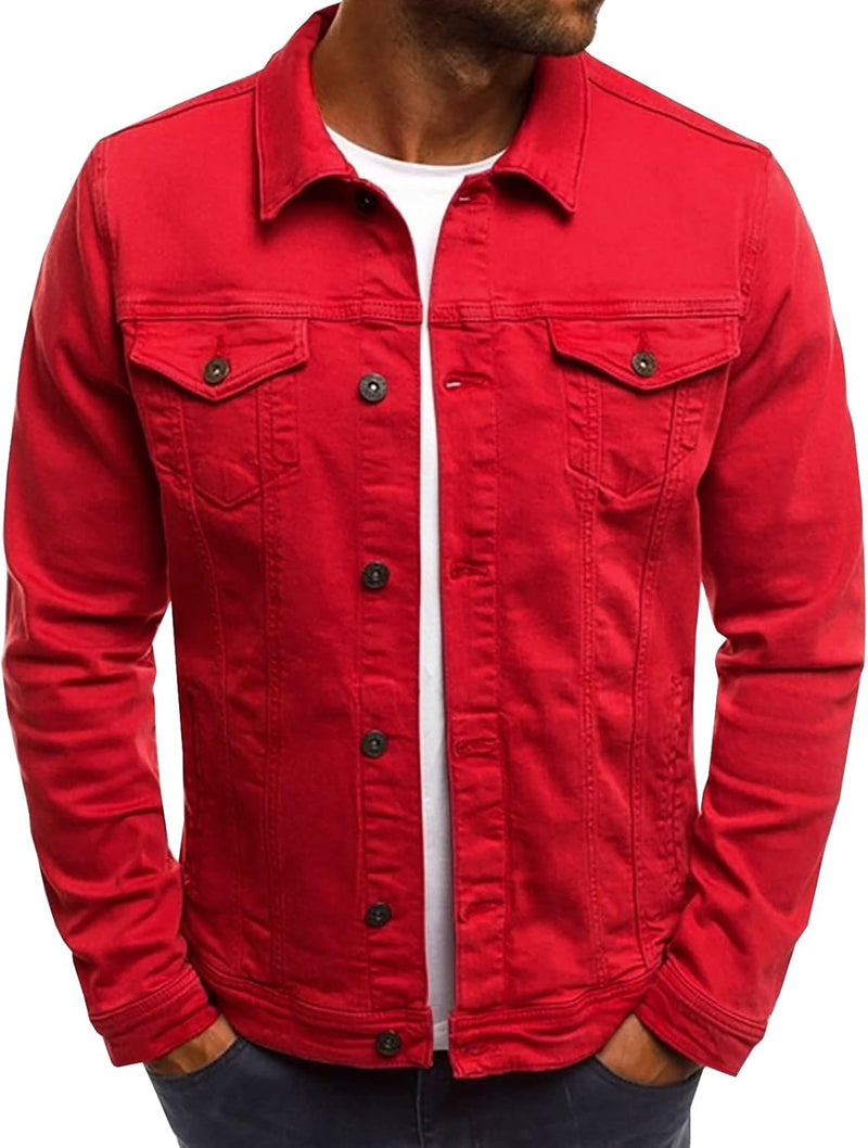 Men's Casual Classic Denim Jacket Slim Fit Fashion Jean Coat - Red