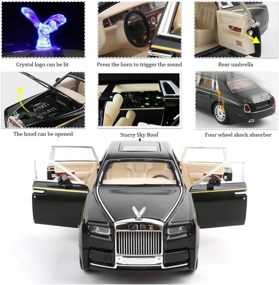 AMERTEER Alloy Rolls Royce Model Car 1:32 Car Model For Rolls-Royce Phantom Car Model Boy Toy Diecast Toy Cars With Sound & Light & 6 Open Doors For Kids Boy Girl Collect Gift SUV Model Car Toy -Black – image 2