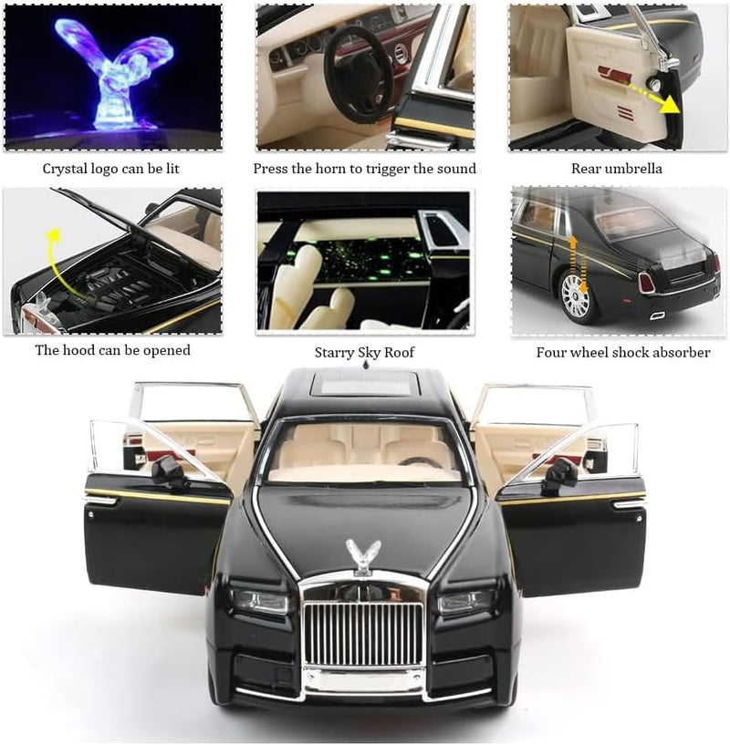 AMERTEER Alloy Rolls Royce Model Car 1:32 Car Model For Rolls-Royce Phantom Car Model Boy Toy Diecast Toy Cars With Sound & Light & 6 Open Doors For Kids Boy Girl Collect Gift SUV Model Car Toy -Black