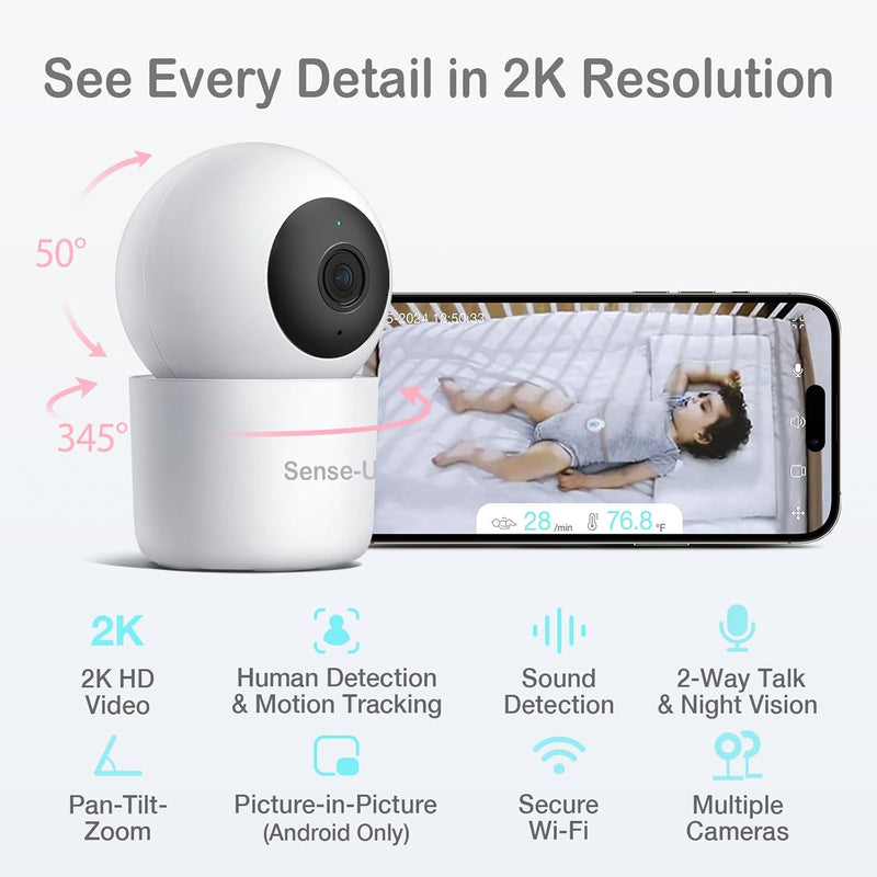 Sense-U Smart 2K Video Baby Monitor, Pan/Tilt, Person/Baby Crying/Motion Detection, 2-Way Talk, Night Vision, Background Audio, No Monthly Fee, (Compatible with Smart Baby Monitor)