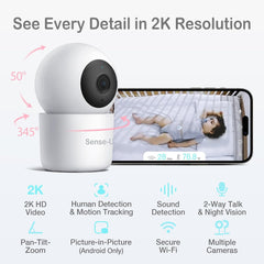 Sense-U Smart 2K Video Baby Monitor, Pan/Tilt, Person/Baby Crying/Motion Detection, 2-Way Talk, Night Vision, Background Audio, No Monthly Fee, (Compatible with Smart Baby Monitor)