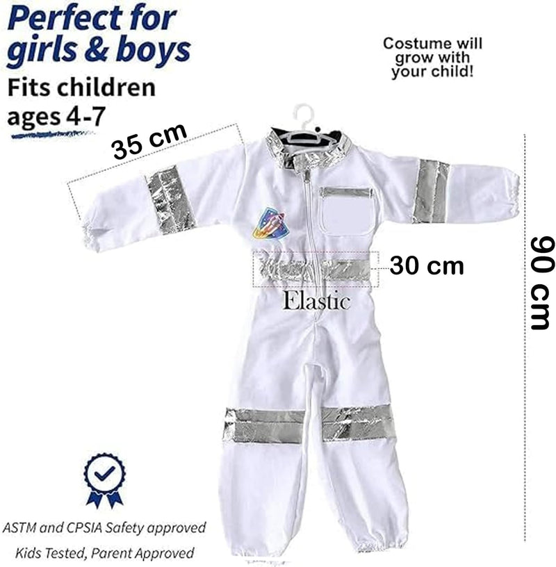 AMERTEER Kids Astronaut Costume & Space Adventure Outfit for Age 4-7, Astronaut Role Play Dress Up Set for Boys & Girls Pretend Play, Party, Birthday & Theme Event L90cm, W30cm, Sleeve 35cm