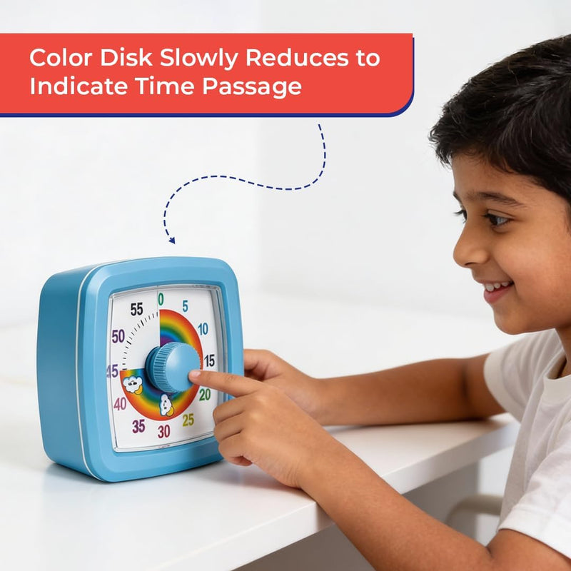 Rainbow Visual Timer for Kids (60 Minute) Silent Analog Countdown Clock with Colorful Time Management Disk Ideal for Classroom, Study, Therapy, and ADHD Focus Routines (Blue, 9cm)