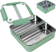 1100ml Bento Lunch Box for Meals and Snacks, Leakproof Insulated Food Container with 2 Stainless Steel Compartments for Adults and Kids at Work or School, Microwave Safe, Green