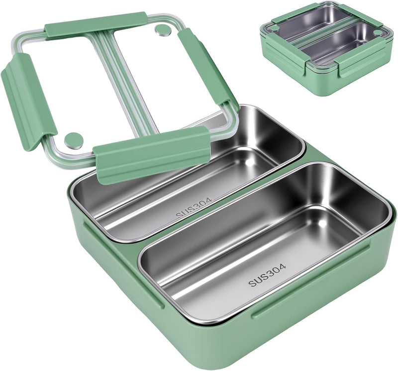 1100ml Bento Lunch Box for Meals and Snacks, Leakproof Insulated Food Container with 2 Stainless Steel Compartments for Adults and Kids at Work or School, Microwave Safe, Green