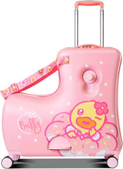 Kids Luggage Traveling Ride-On Suitcase, Children's Unique Design Ride-On Luggage - Available in 20-Inch and 24-Inch Sizes (Suprised Duck Yellow, 24inch) - 24inch Buffy Duck Pink