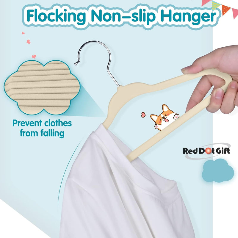 Red Dot Gift® 30-Pack Beige Velvet Kids Hangers - ( 35cm / 14 Inch )Premium Childrens Hangers for Closet, Ultra Thin Cute Hangers Kids Clothes Hanger,Small Hangers for Kids Clothes (Beige, 30)