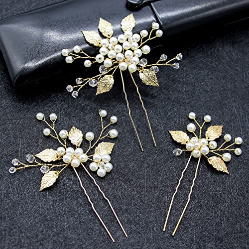Excefore Pearl Bride Wedding Hair Pins, 3Pcs Leaf Bridal Head Piece Flower Hair Accessories for Women and Girls