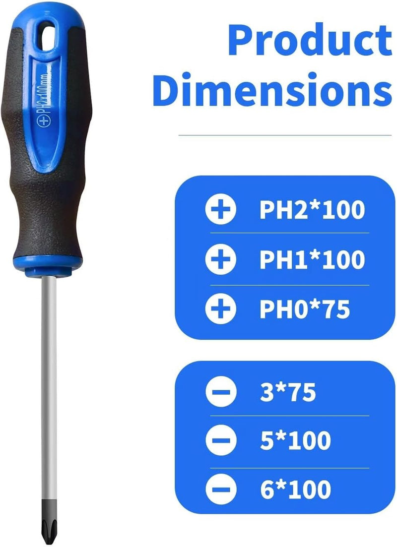 ROTATION 6PCS Magnetic Tip Screwdriver Set, 3 Phillips and 3 Flat, Professional Cushion Grip 6-Piece Hand Tools Set - 6pc_black Tip_matt