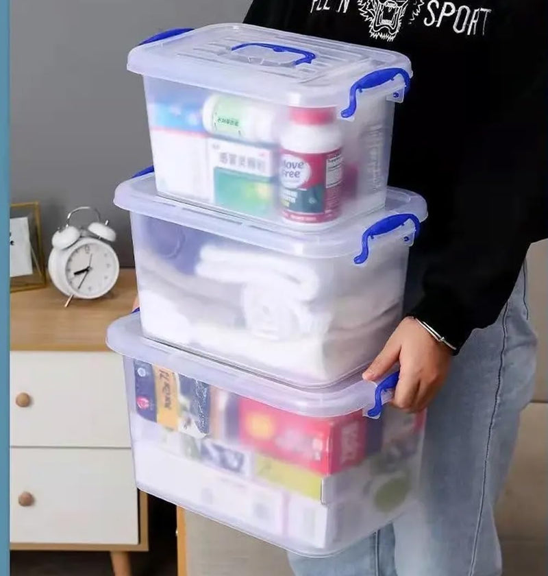 Premify 4 Pcs Set Plastic Storage Boxes, 6L, 10L, 15L, 20L Clear Stackable Containers with Lockable Lids Transparent Organizer Box for Toys, Shoes, Kitchen Items, Snacks, Tools, Medicines & More