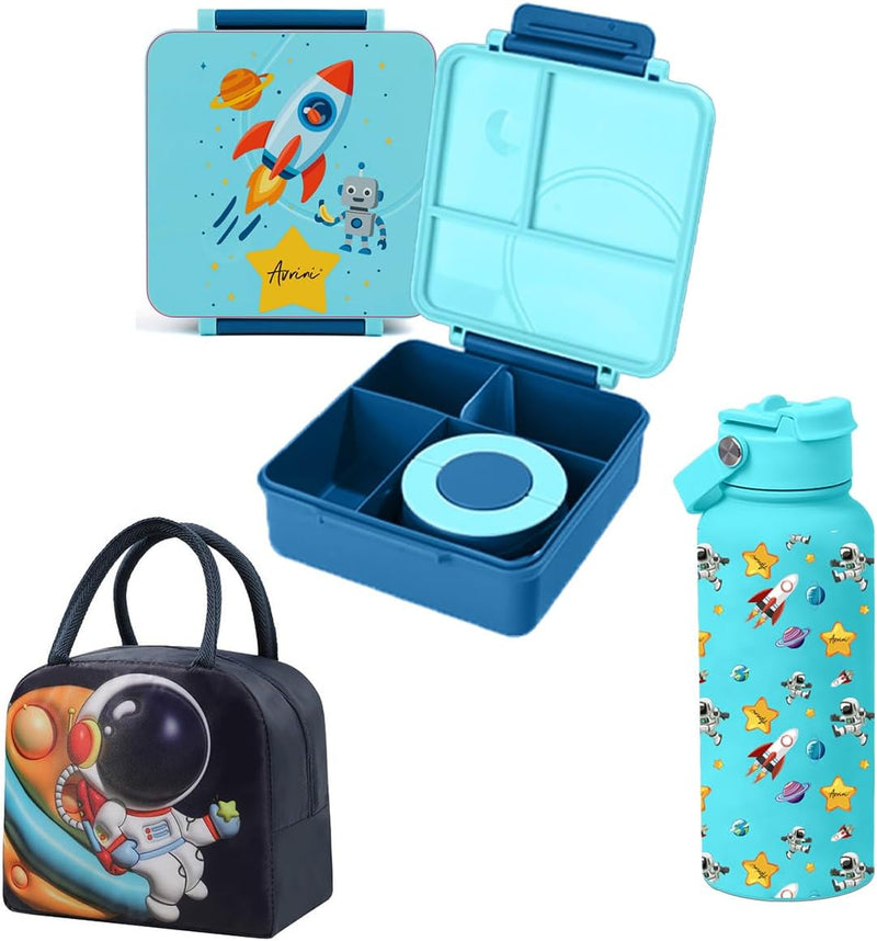 Stainless Steel Lunch Box for Kids School,Insulated Bento Lunch Box with Tableware & Bag,3 Compartment Divided Lunch Containers with Lids, 720ml (Green) - Blue