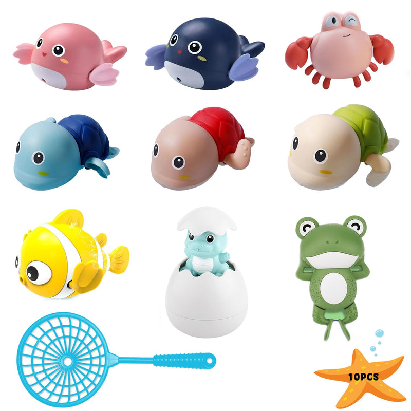 Masroo Bath Toys, Pool Toys Game Toys,10 Pack Cute Swimming Bath Toys With Fishing Net for Toddlers 1-3,Floating Wind Up Toys for Boy Girl, New Born Baby Bathtub Water Toys, Pool Toys Gift for 3+ Kids