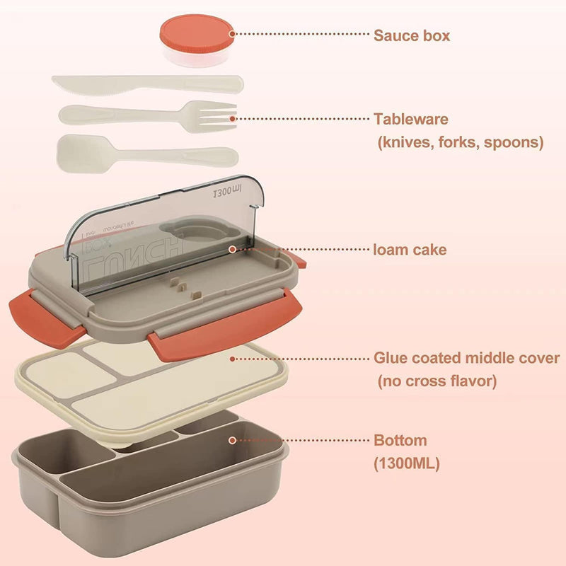 Aputue Bento Lunch Box, 4-Compartment Food Container, 1300ML Large Capacity, Leakproof, Microwave Dishwasher Safe, Reusable Durable Meal Prep Container with Utensils Dressing Cup, for Office School