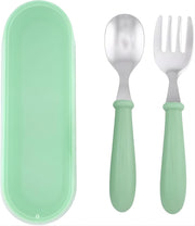 Kids Cutlery Set with Case, Stainless Steel Spoon & Fork for Children, Round Edge BPA Free Tableware for School Lunch Box, Picnic, Travel (Pack of 1, Blue) - Green 1