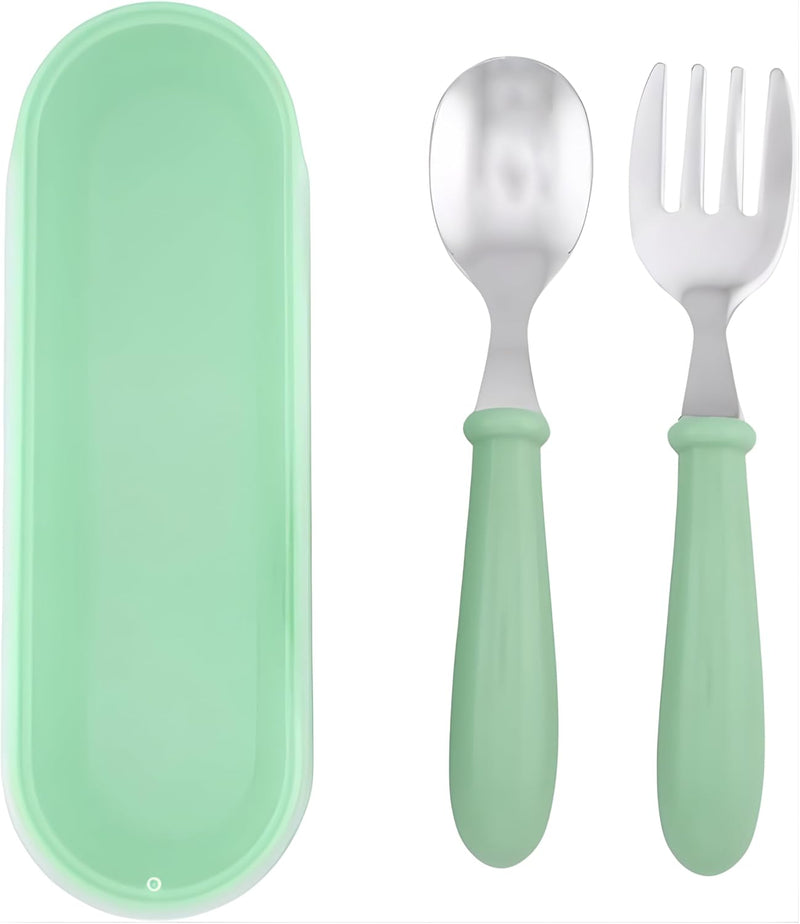 Kids Cutlery Set with Case, Stainless Steel Spoon & Fork for Children, Round Edge BPA Free Tableware for School Lunch Box, Picnic, Travel (Pack of 1, Blue) - Green 1