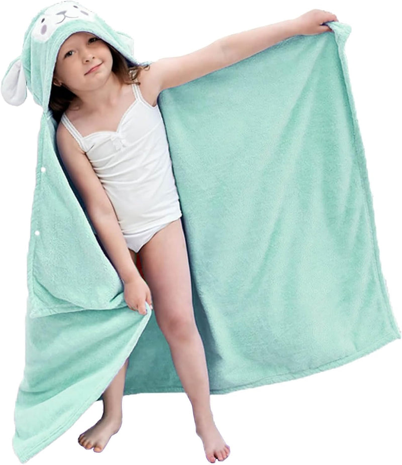 YumLock Kids Beach Towel for Boys Girls, 70x140cm, Absorbent Coral Fleece Bath Towel Wrap for 3-10 Year Olds, Toddler Pool Towel with Hood, Durable Star Design, Pink - Bunny Green