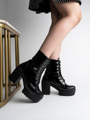 Women & Girls Lace Up Block Heeled Western Boots/Boot-07/Black/UK6-EU39