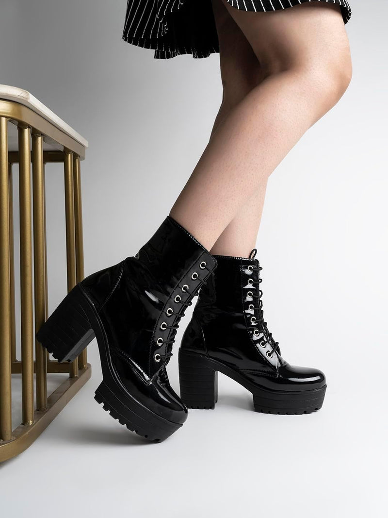 Women & Girls Lace Up Block Heeled Western Boots/Boot-07/Black/UK4-EU37
