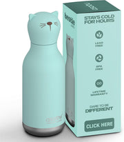 Bestie Bottle Insulated Stainless Steel Water Bottle with Detachable Soft Animal Head Fun Drinking for Kids and Teens with Flexible Reusable Straw 16 Ounce (Dinosaur) - Cat bottle