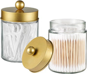 Apothecary Jar Canisters Bathroom Vanity Organizer - Qtip Holder Storage Organizer Countertop Canister-Stainless Steel Lids &Cute Stickers for Qtips,Cotton Swabs,Makeup Sponges,Floss(3 Pack ) (Gold) - Gold Clear