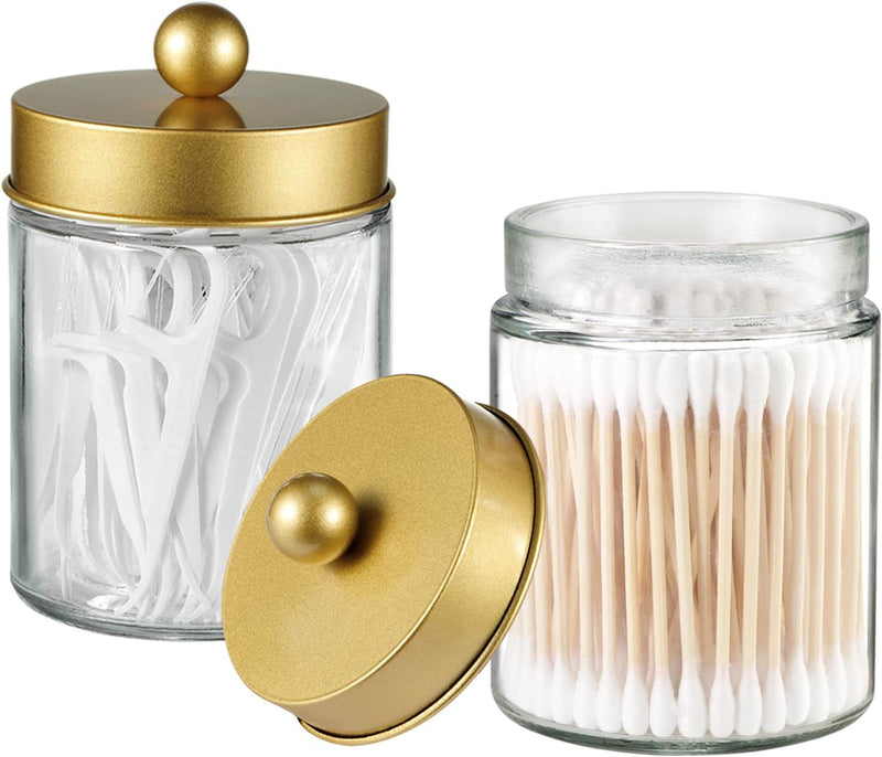 Apothecary Jar Canisters Bathroom Vanity Organizer - Qtip Holder Storage Organizer Countertop Canister-Stainless Steel Lids &Cute Stickers for Qtips,Cotton Swabs,Makeup Sponges,Floss(3 Pack ) (Gold) - Gold Clear