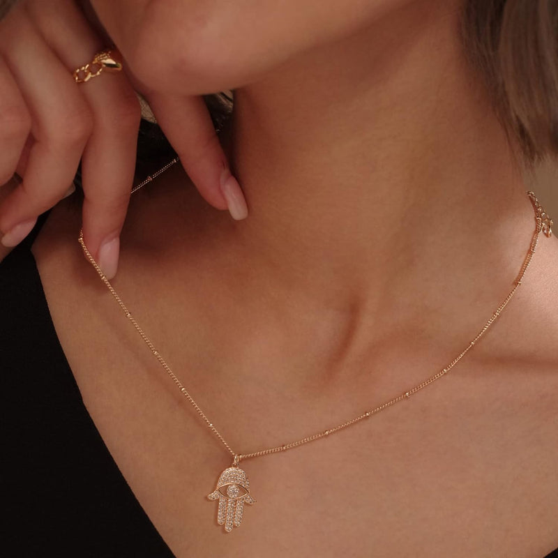 MEVECCO Gold Dainty Evil Eye Necklace for Women 18K Gold Plated Cute Delicate Solitaire Cubic Zirconia Boho Protection Evil Eye Minimalist Simple Necklace Gift - Hamsa