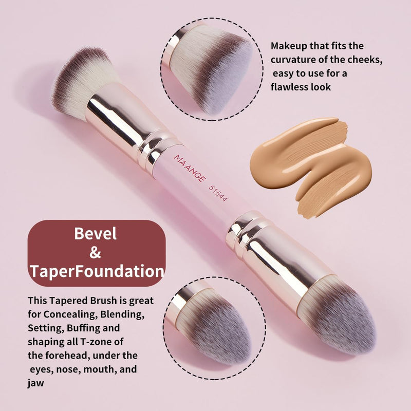 MAANGE Foundation Makeup Brushes, 2Pcs Premium Double-Ended Makeup Brush (Flat/Angled/Angled Round/Tapered Top) for Buffing Liquid, Cream, Powder, Blending Contour Face Brush(Black/Gold)