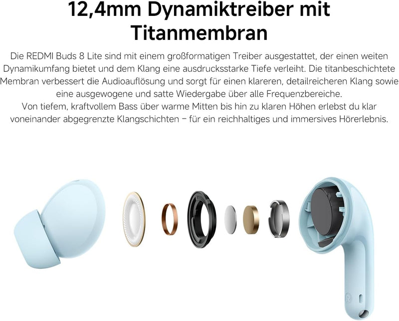 XIAOMI REDMI Buds 8 Lite, Bluetooth In-Ear Headphones with 12.4mm Dynamic Driver, Dual Microphones, Noise Reduction, Lightweight Design, Fast Pairing (Black)