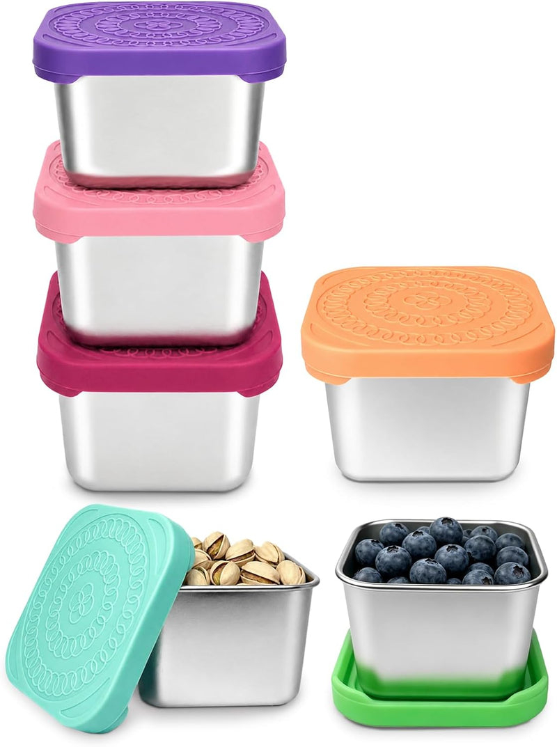 HTEVW - 6 Pack 6 oz Stainless Steel Kids Containers Easy Open Leakproof Metal Snack Containers with Silicone Lids, Stackable Lunch Box - color1